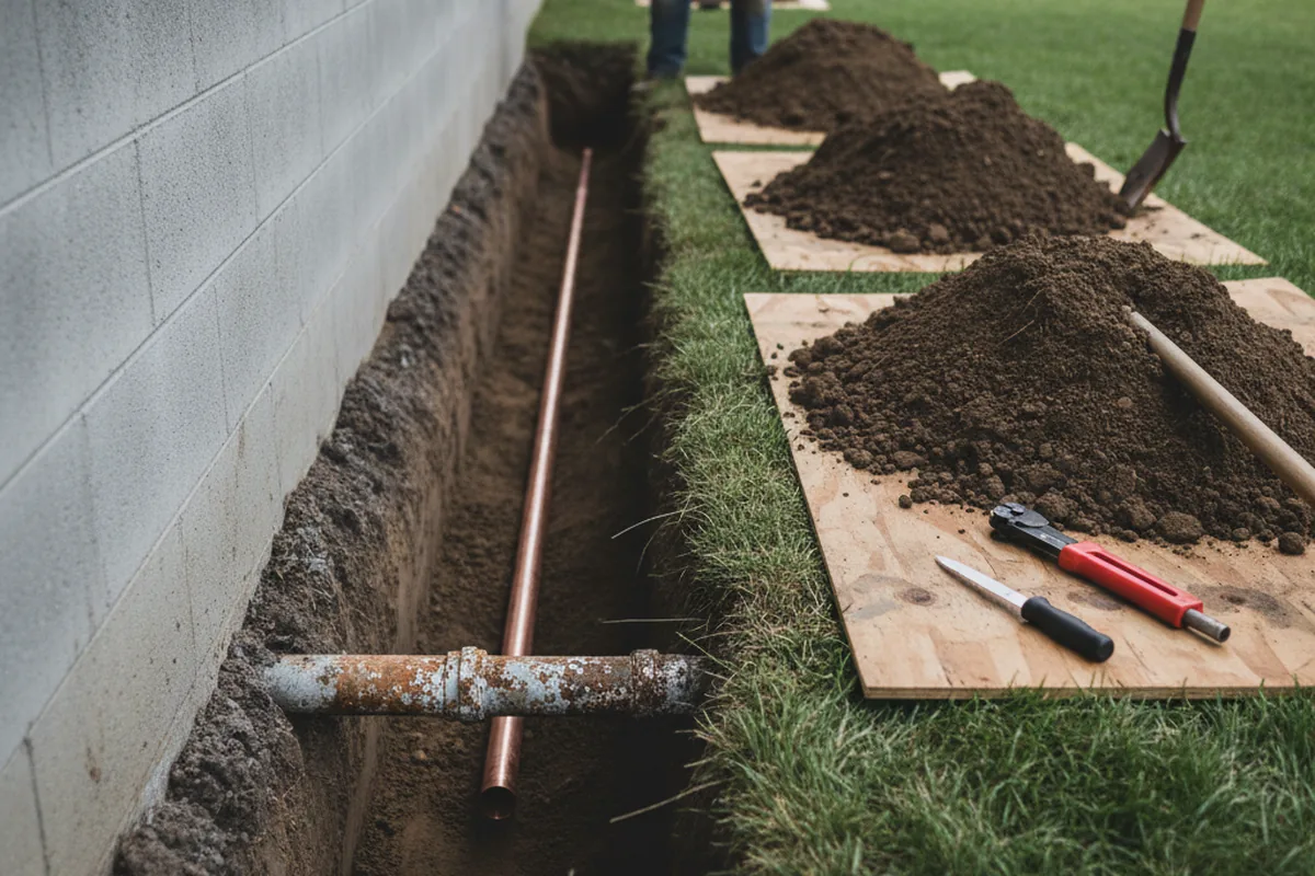Excavated water line trench during Water Softener Installation in Clever